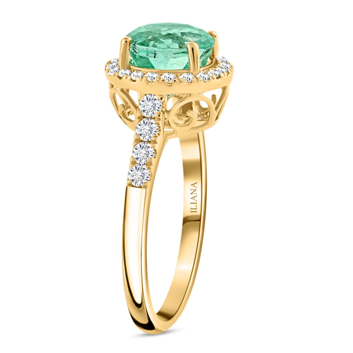 Iliana 18K Yellow Gold AAA Boyaca Colombian Emerald and G-H SI Diamond Halo Ring (Size 7.0) 4.15 Grams 2.50 ctw image number 2