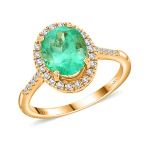 Iliana 18K Yellow Gold AAA Boyaca Colombian Emerald and G-H SI Diamond Halo Ring (Size 7.0) 2.45 ctw