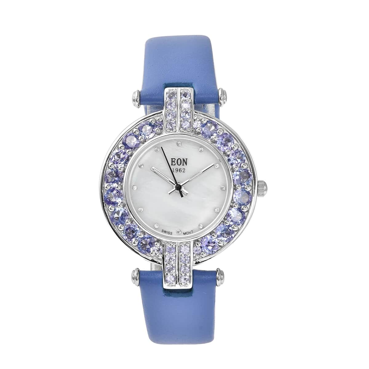 Eon 1962 Tanzanite, White Zircon Swiss Movement Style MOP Dial Watch with Sterling Silver Case and Blue Leather Strap 5.50ctw image number 0