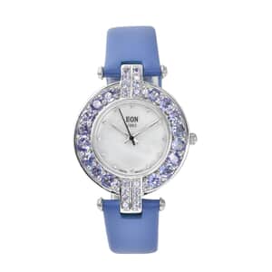 Eon 1962 Tanzanite, White Zircon Swiss Movement Style MOP Dial Watch with Sterling Silver Case and Blue Leather Strap 5.50ctw