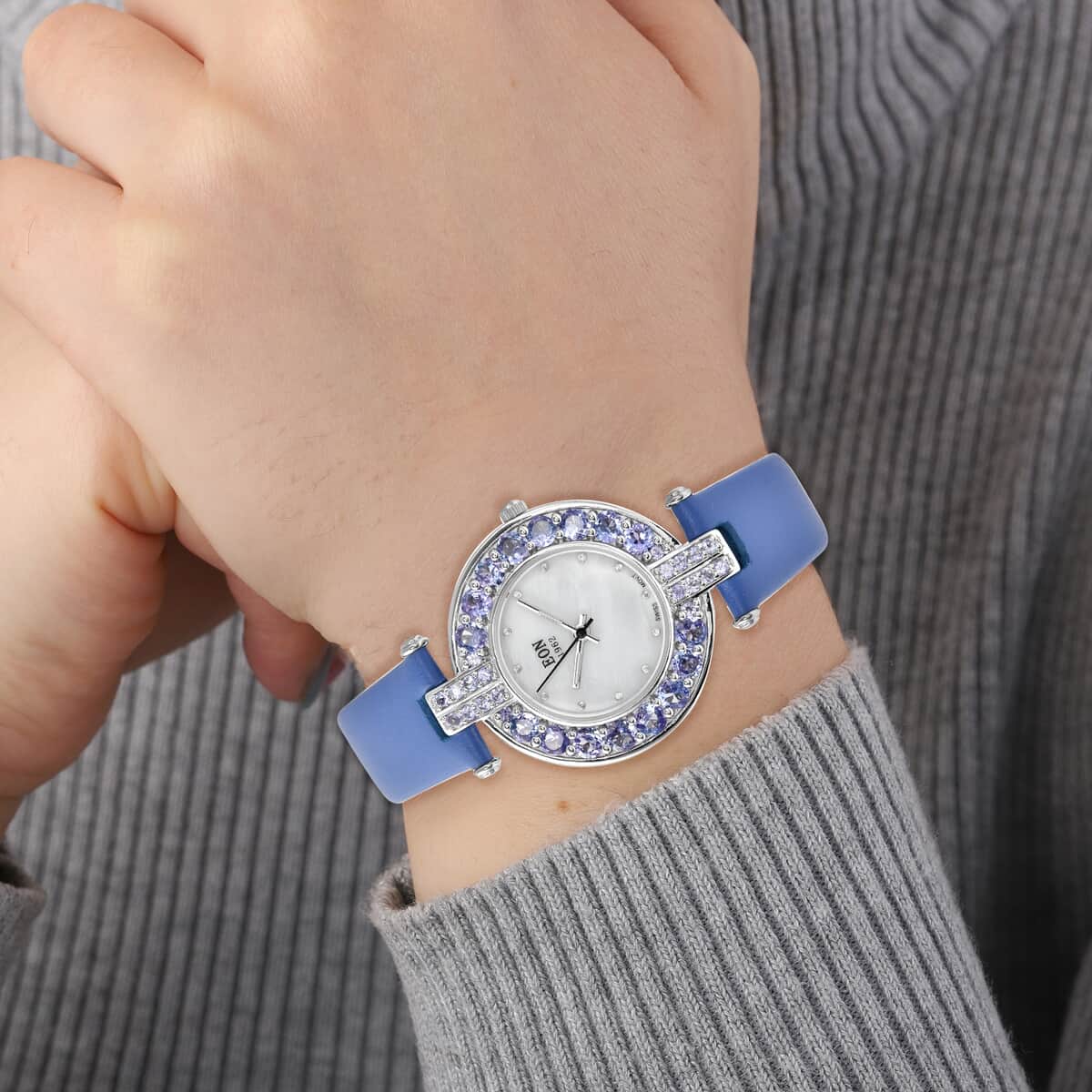 Eon 1962 Tanzanite, White Zircon Swiss Movement Style MOP Dial Watch with Sterling Silver Case and Blue Leather Strap 5.50ctw image number 1