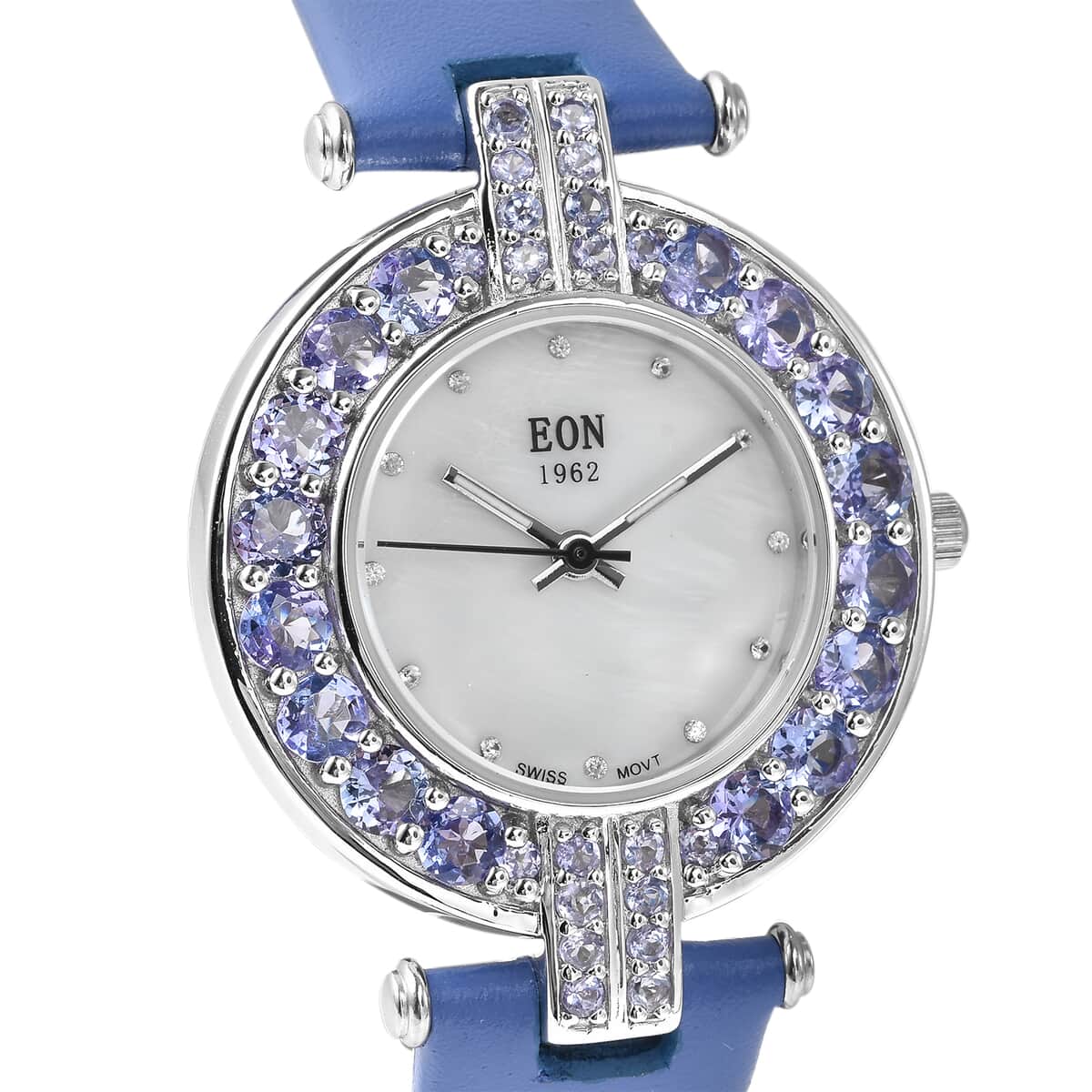 Eon 1962 Tanzanite, White Zircon Swiss Movement Style MOP Dial Watch with Sterling Silver Case and Blue Leather Strap 5.50ctw image number 2