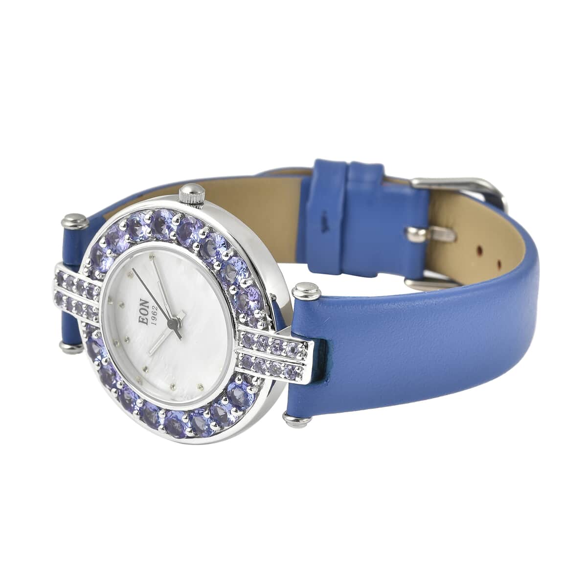 Eon 1962 Tanzanite, White Zircon Swiss Movement Style MOP Dial Watch with Sterling Silver Case and Blue Leather Strap 5.50ctw image number 3