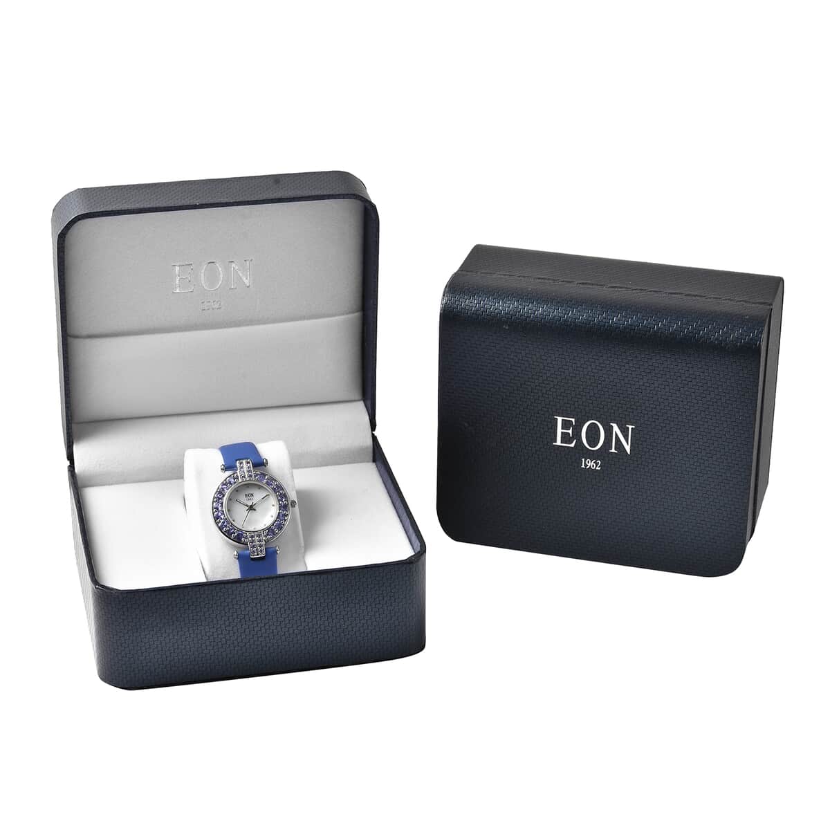 Eon 1962 Tanzanite, White Zircon Swiss Movement Style MOP Dial Watch with Sterling Silver Case and Blue Leather Strap 5.50ctw image number 6
