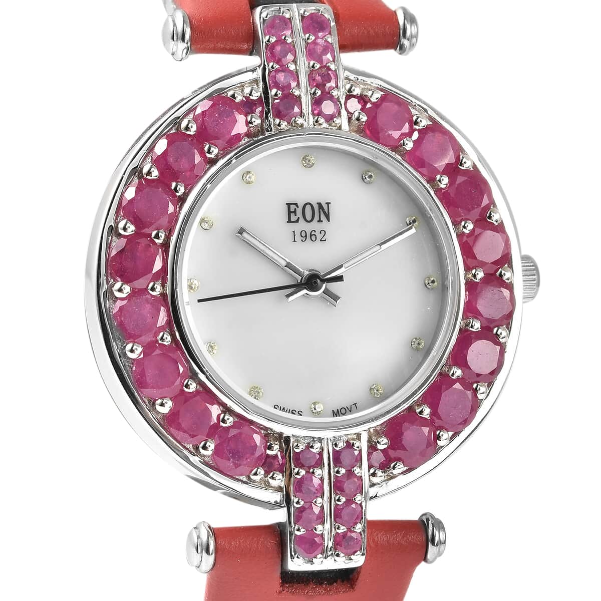 Eon 1962 Niassa Ruby (FF), White Zircon Swiss Movement MOP Dial Watch with Sterling Silver Case and Red Leather Strap 8.10ctw image number 2