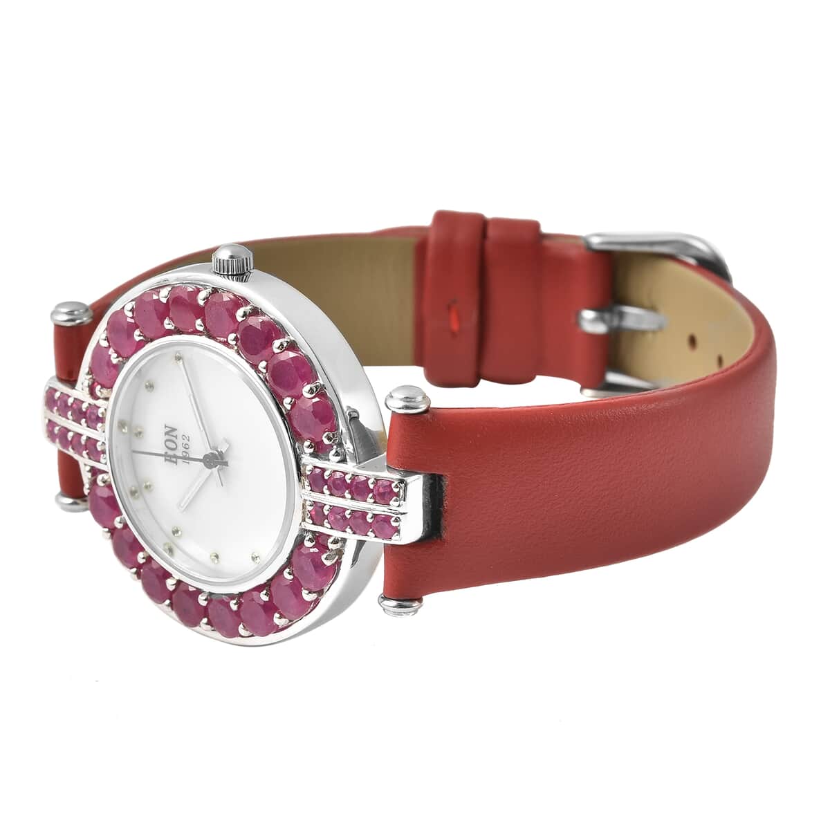 Eon 1962 Niassa Ruby (FF), White Zircon Swiss Movement MOP Dial Watch with Sterling Silver Case and Red Leather Strap 8.10ctw image number 3