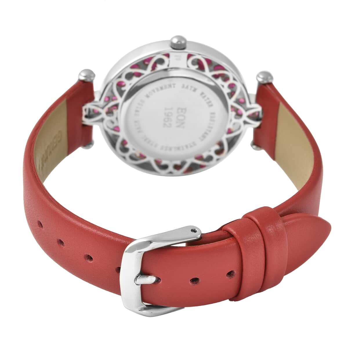 Eon 1962 Niassa Ruby (FF), White Zircon Swiss Movement MOP Dial Watch with Sterling Silver Case and Red Leather Strap 8.10ctw image number 4