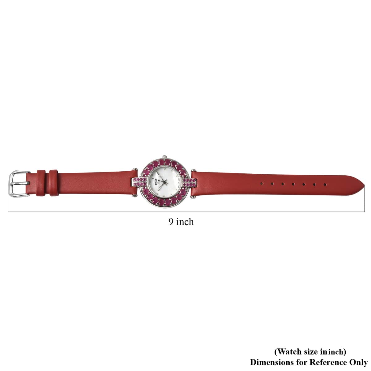 Eon 1962 Niassa Ruby (FF), White Zircon Swiss Movement MOP Dial Watch with Sterling Silver Case and Red Leather Strap 8.10ctw image number 5