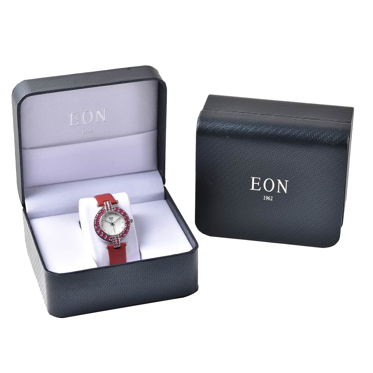 Eon 1962 Niassa Ruby (FF), White Zircon Swiss Movement MOP Dial Watch with Sterling Silver Case and Red Leather Strap 8.10ctw image number 6