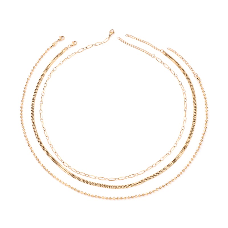 Set of 3 Double Woven, Beaded and Paper Clip Necklace 20-22 Inches in ION Plated Yellow Gold Stainless Steel