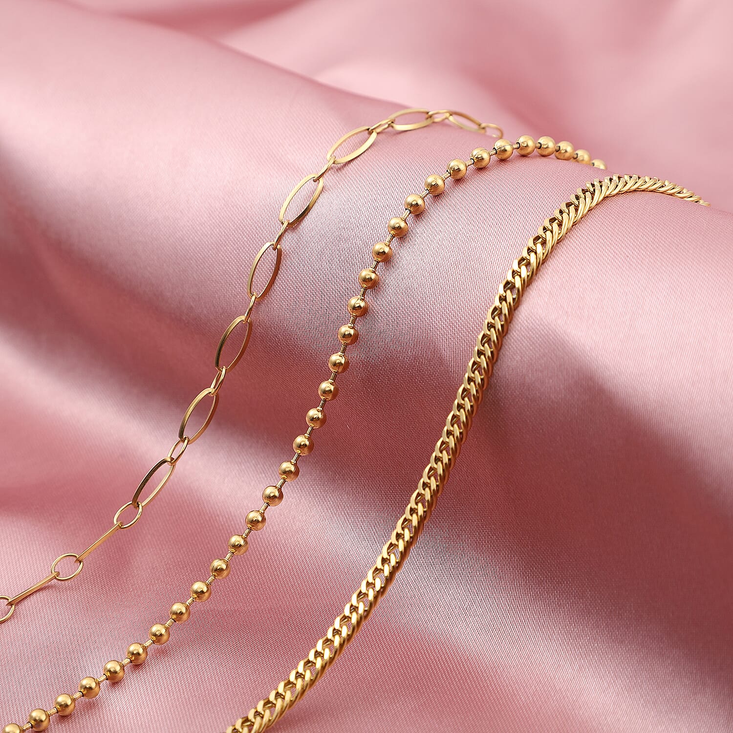 Set of 3 Double Woven, Beaded and Paper Clip Necklace 20-22 Inches in ION Plated Yellow Gold Stainless Steel
