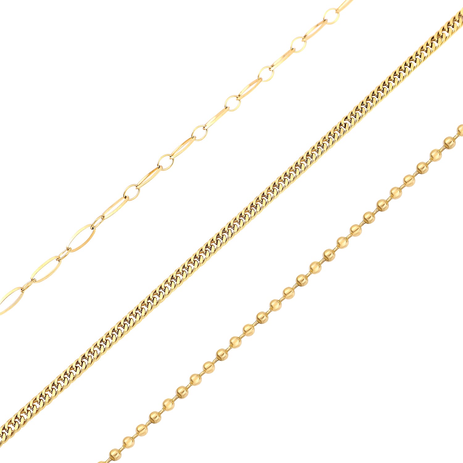 Set of 3 Double Woven, Beaded and Paper Clip Necklace 20-22 Inches in ION Plated Yellow Gold Stainless Steel