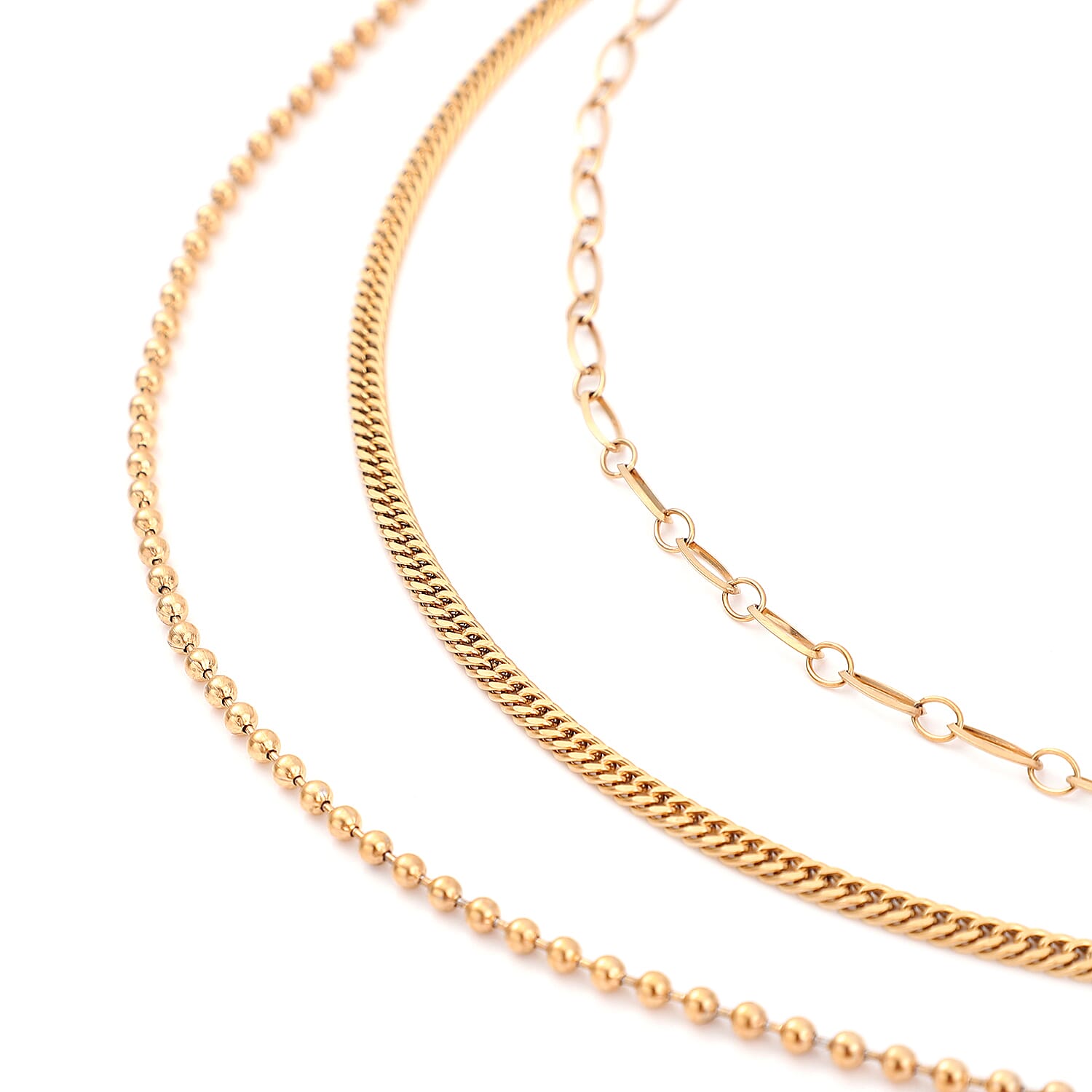 Set of 3 Double Woven, Beaded and Paper Clip Necklace 20-22 Inches in ION Plated Yellow Gold Stainless Steel