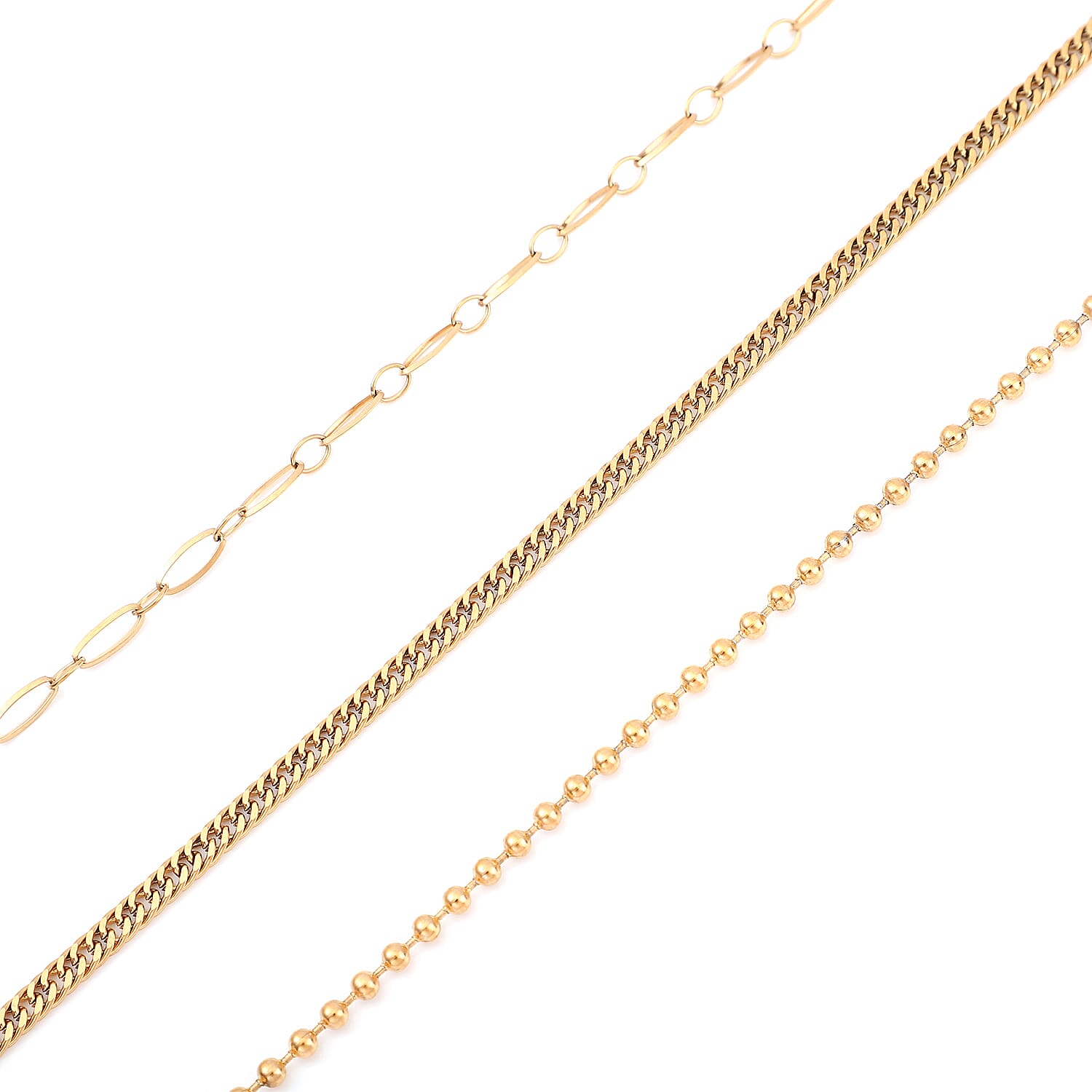 Set of 3 Double Woven, Beaded and Paper Clip Necklace 20-22 Inches in ION Plated Yellow Gold Stainless Steel