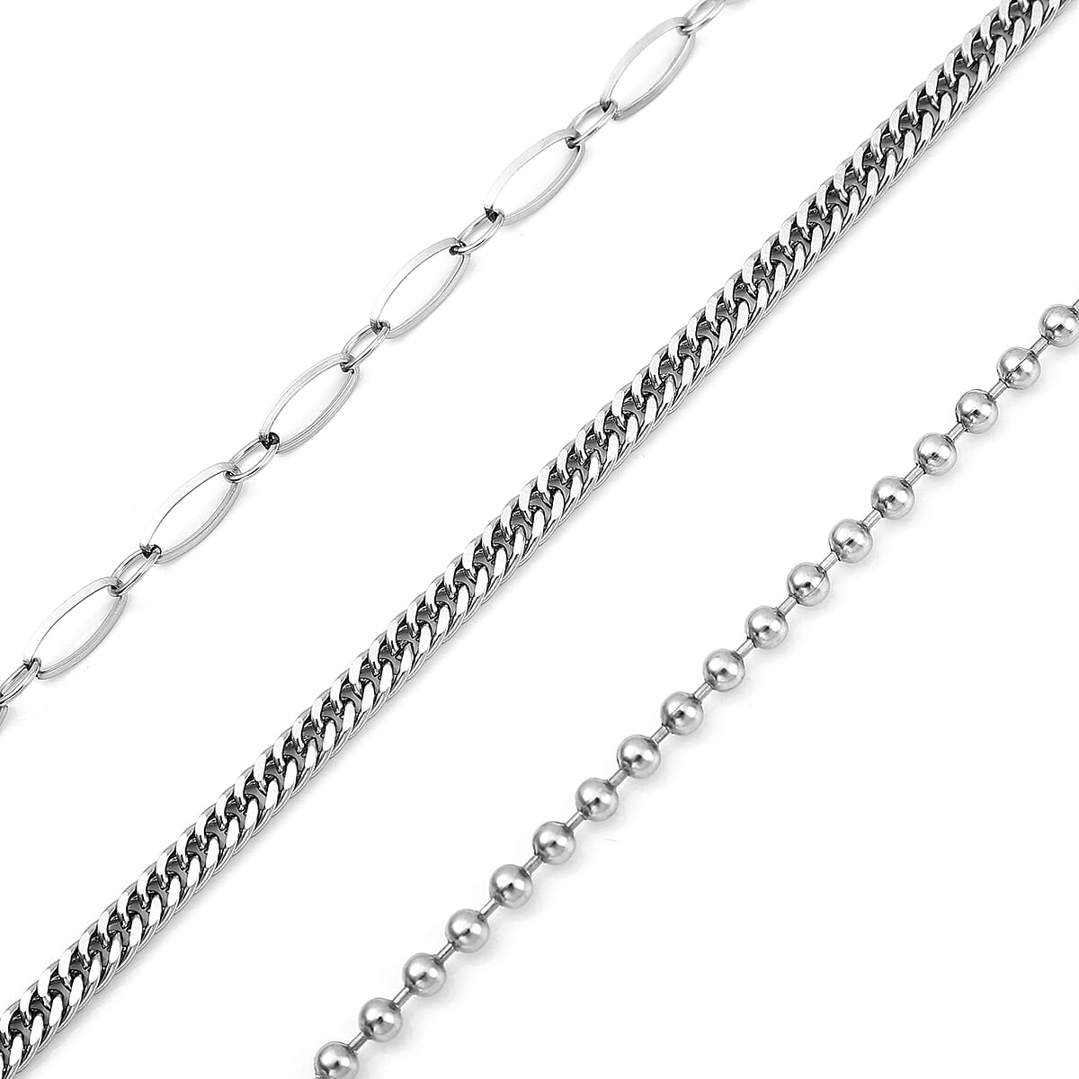 Set of 3 Wave, Cloud and Beaded Texture Necklace 20-22 Inches in Stainless Steel image number 4