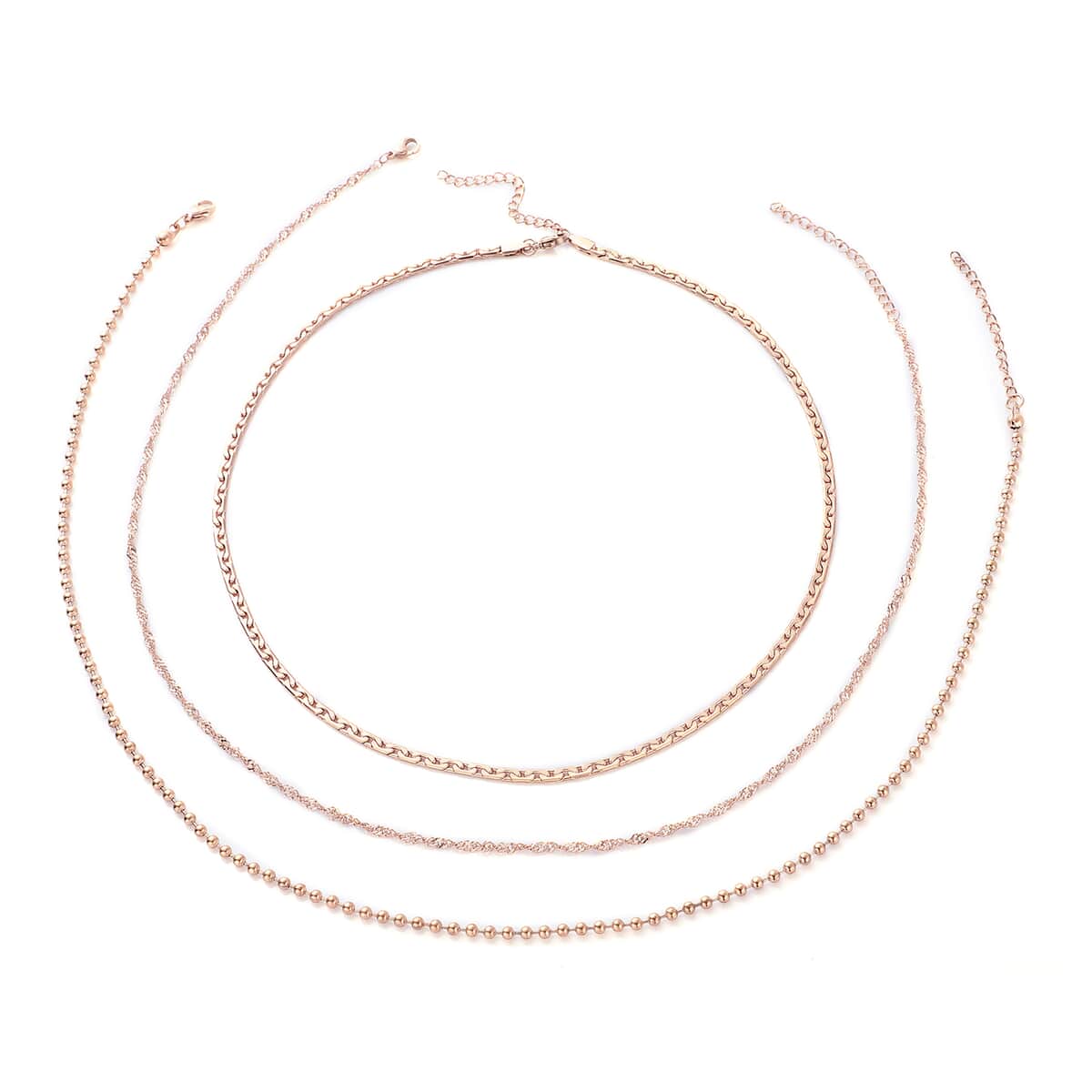 Set of 3 Wave, Cloud and Beaded Texture Necklace 20-22 Inches in ION Plated Rose Gold Stainless Steel image number 0