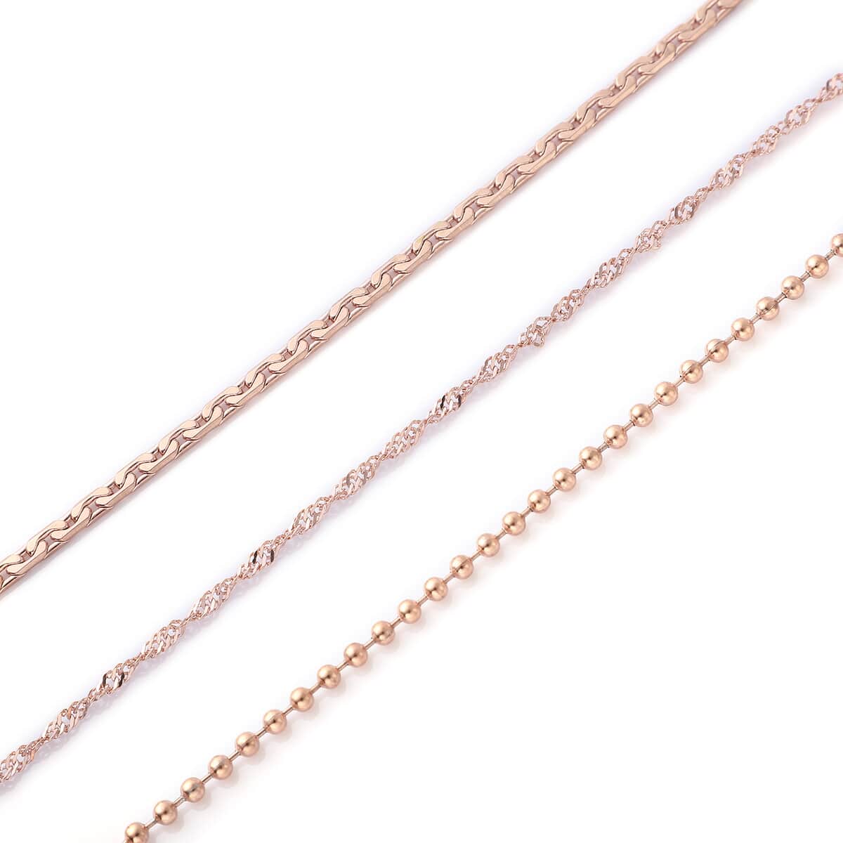 Set of 3 Wave, Cloud and Beaded Texture Necklace 20-22 Inches in ION Plated Rose Gold Stainless Steel image number 2