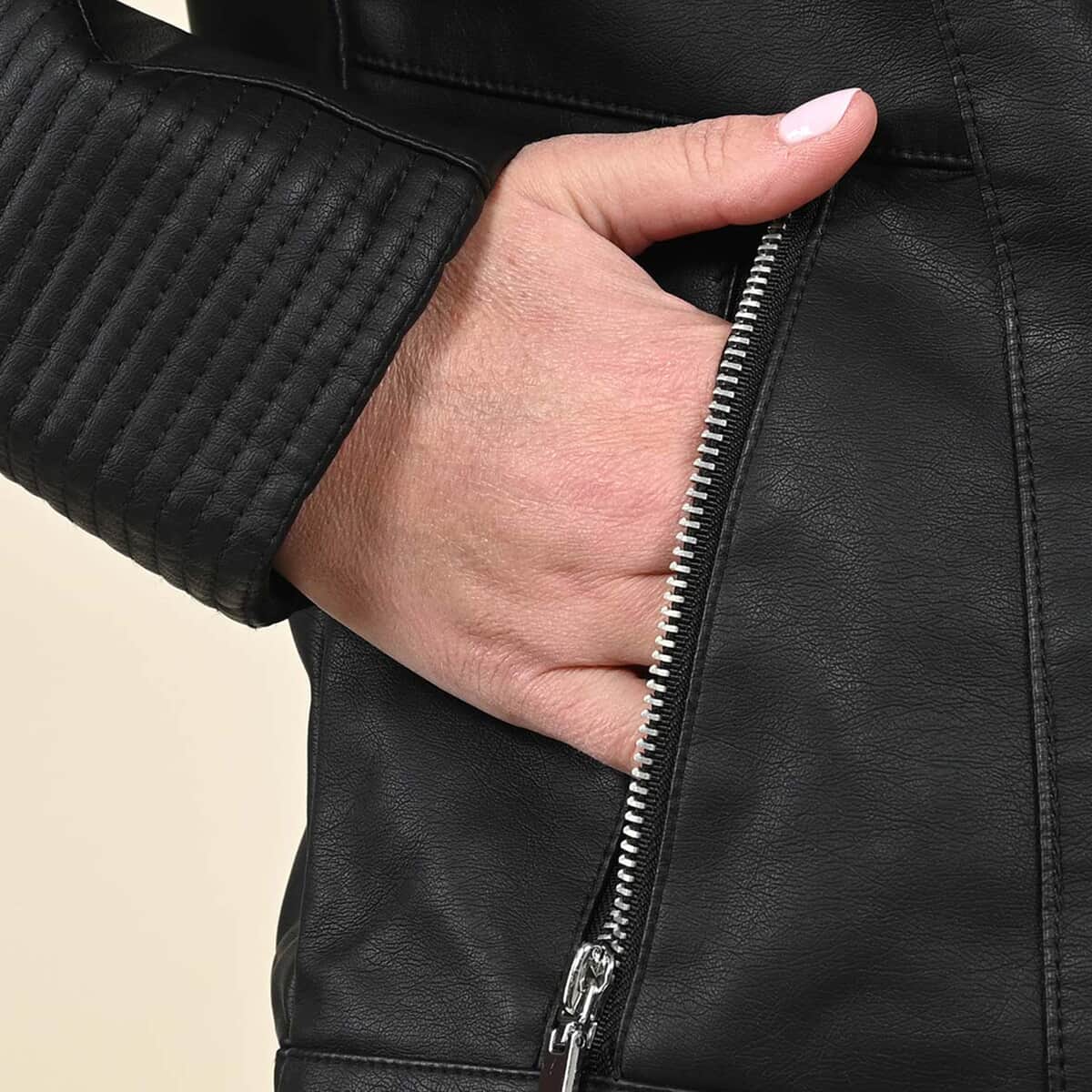 TAMSY Black Faux Leather Zip-Up Motorcycle Jacket - S image number 3