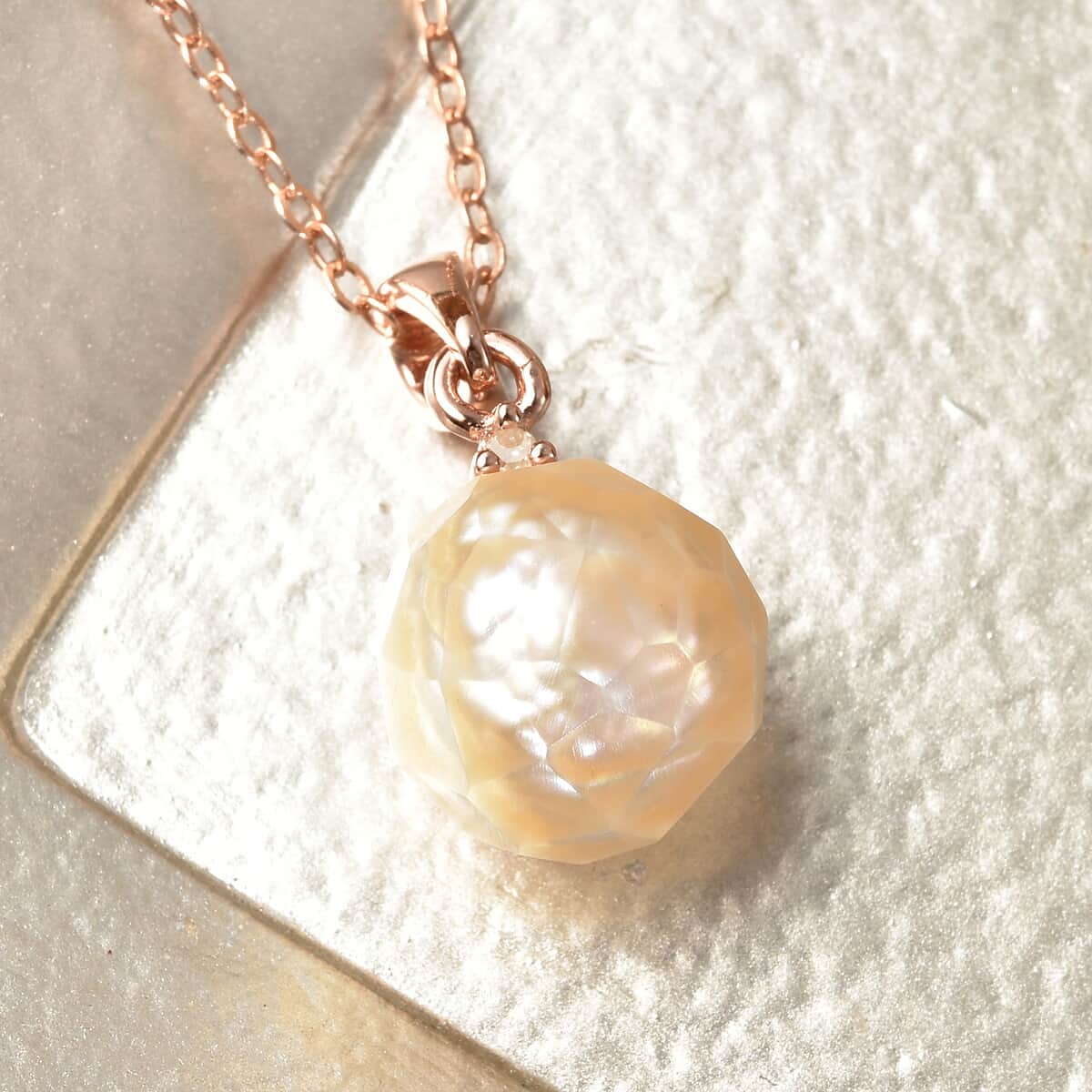 Peach Edison Pearl and Diamond Accent Pendant Necklace 18 Inches in Vermeil Rose Gold Over Sterling Silver 8.26 ctw image number 1