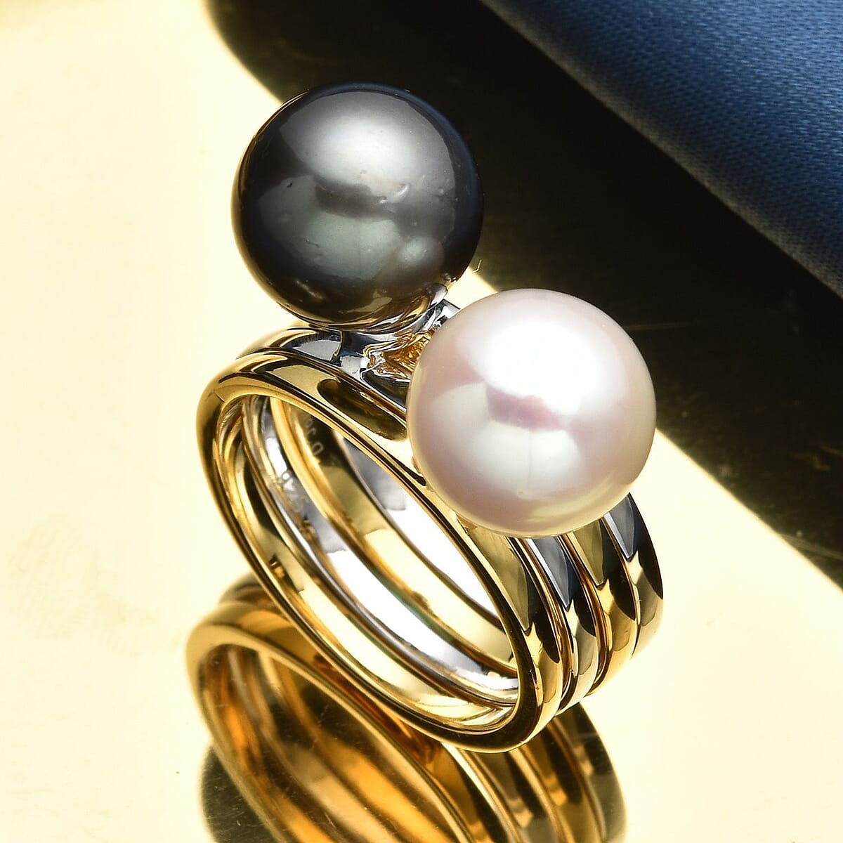 Set of 2 Tahitian Cultured Pearl and White Edison Pearl Ring in Vermeil Yellow Gold and Rhodium Over Sterling Silver (Size 9.0) image number 1