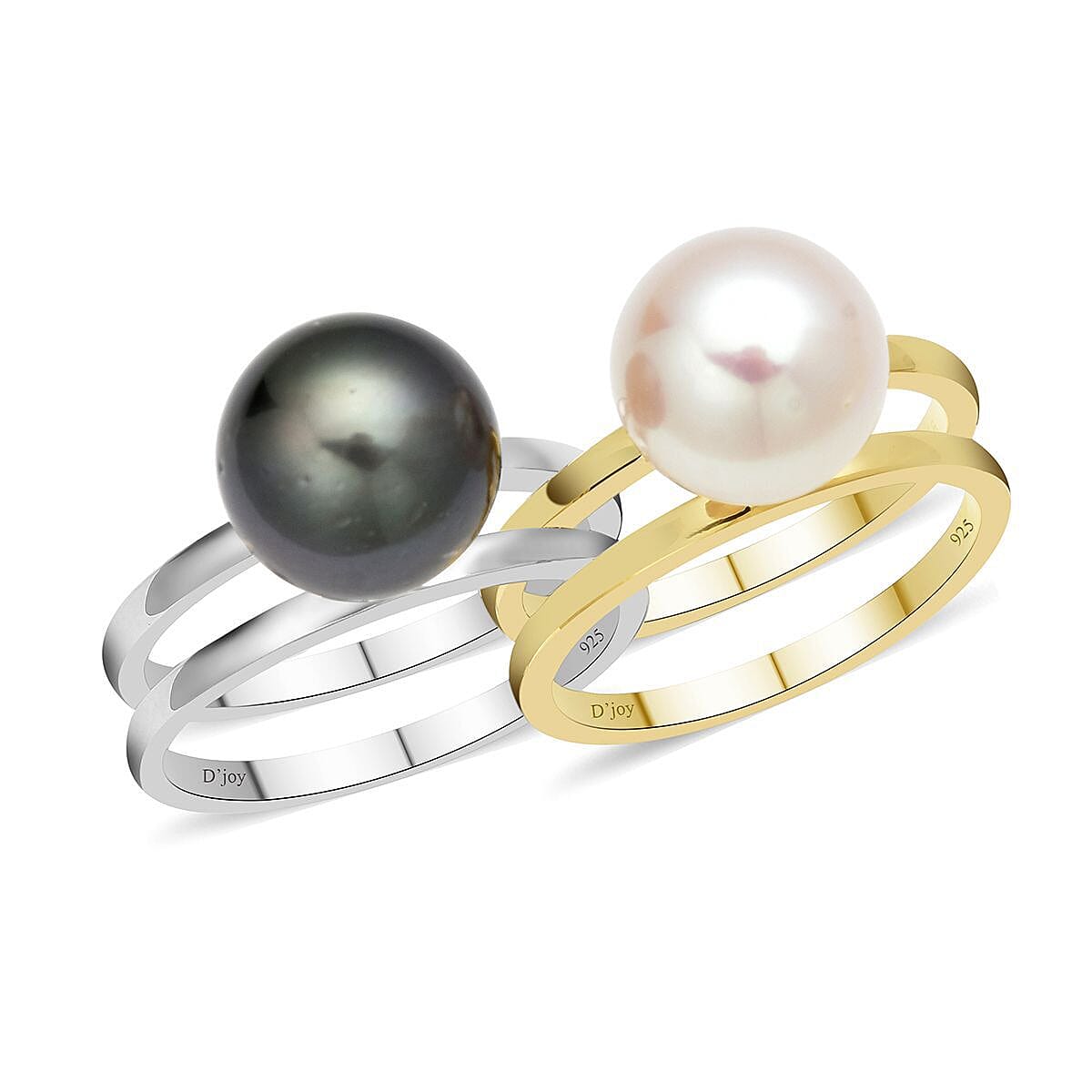 Set of 2 Tahitian Cultured Pearl and White Edison Pearl Ring in Vermeil Yellow Gold and Rhodium Over Sterling Silver (Size 9.0) image number 3