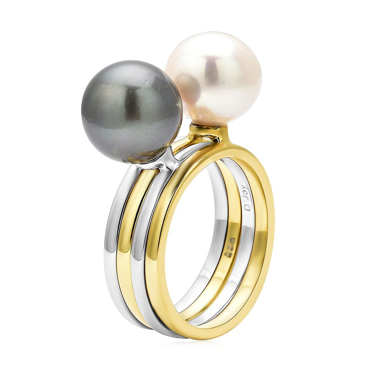 Set of 2 Tahitian Cultured Pearl and White Edison Pearl Ring in Vermeil Yellow Gold and Rhodium Over Sterling Silver (Size 9.0) image number 4