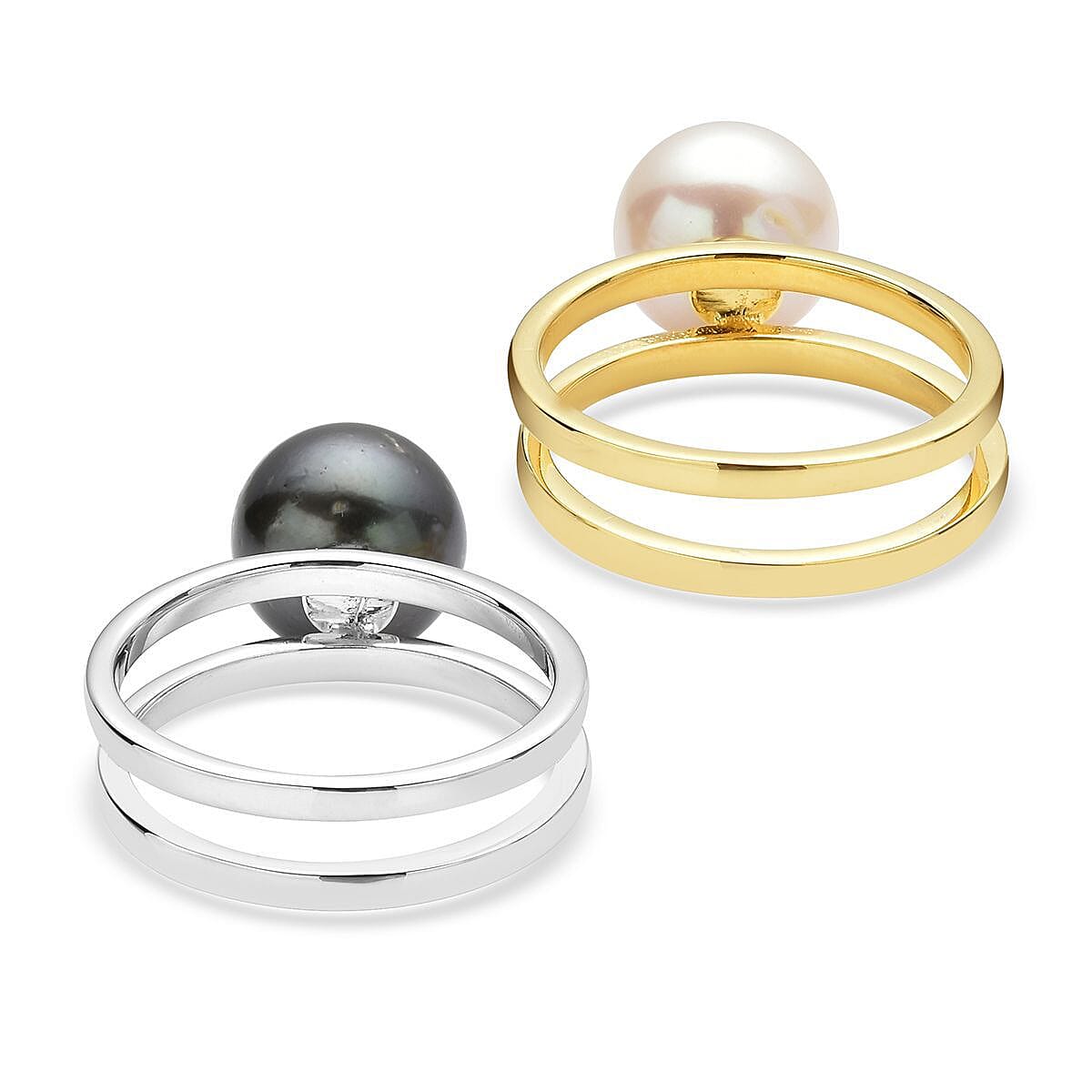 Set of 2 Tahitian Cultured Pearl and White Edison Pearl Ring in Vermeil Yellow Gold and Rhodium Over Sterling Silver (Size 9.0) image number 5