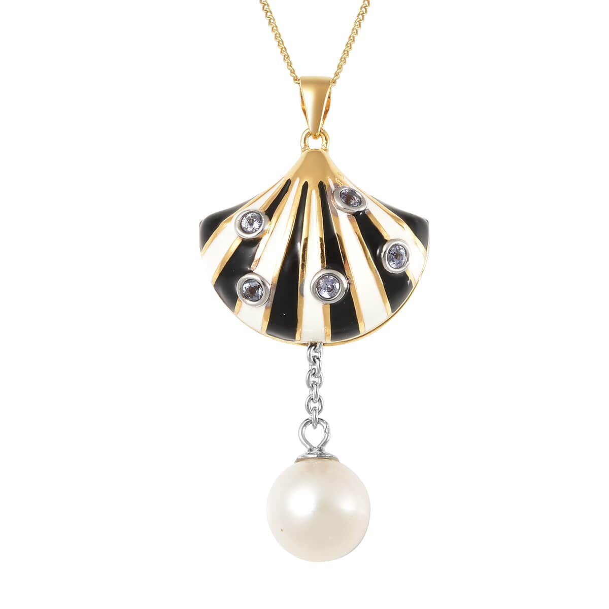White Edison Pearl and Tanzanite Fan Shaped Openable Pendant Necklace 18 Inches in Vermeil Yellow Gold Over Sterling Silver 0.20 ctw image number 0