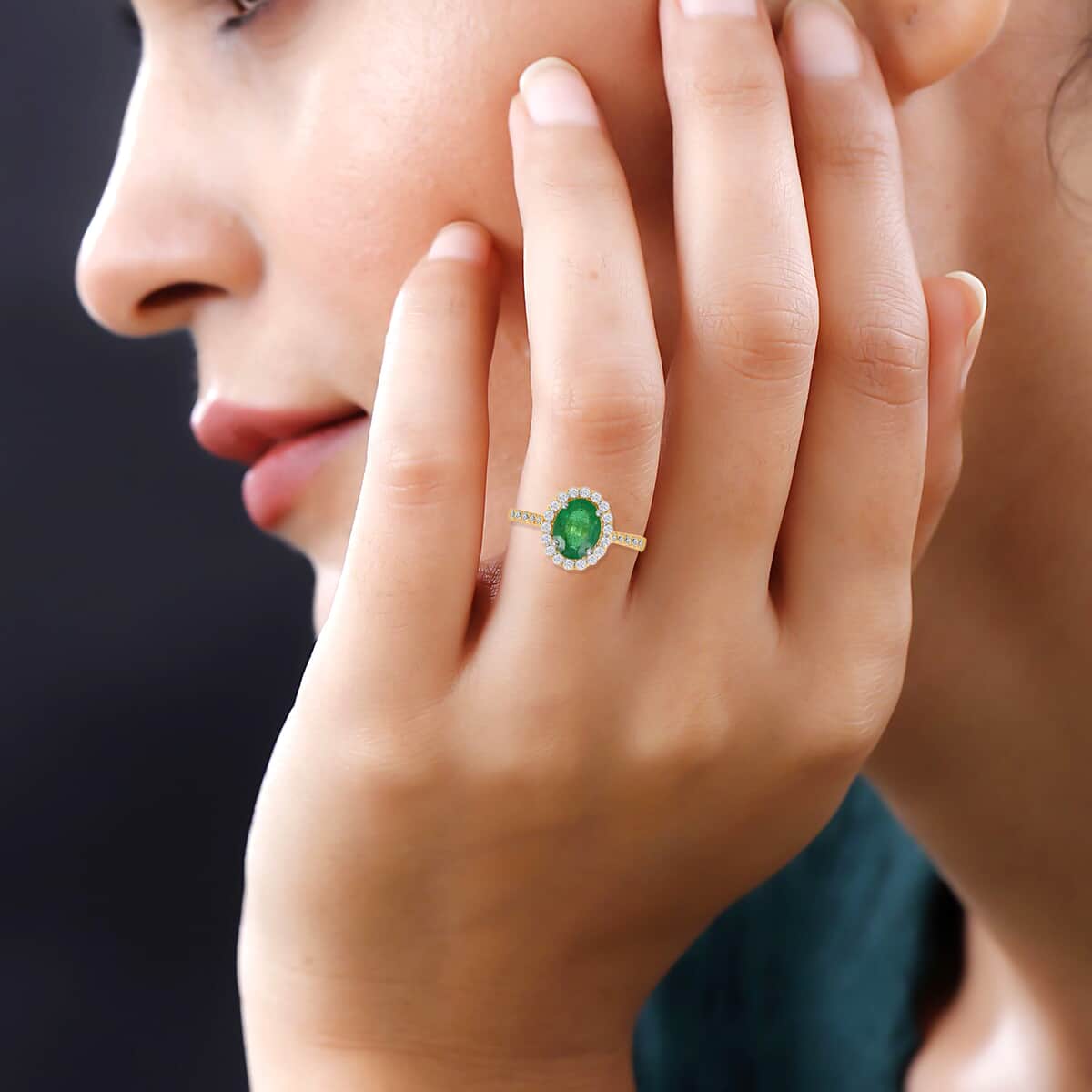 Iliana 18K Yellow Gold AAA Kagem Zambian Emerald and G-H SI Diamond Halo Ring (Size 10.0) 1.65 ctw image number 1