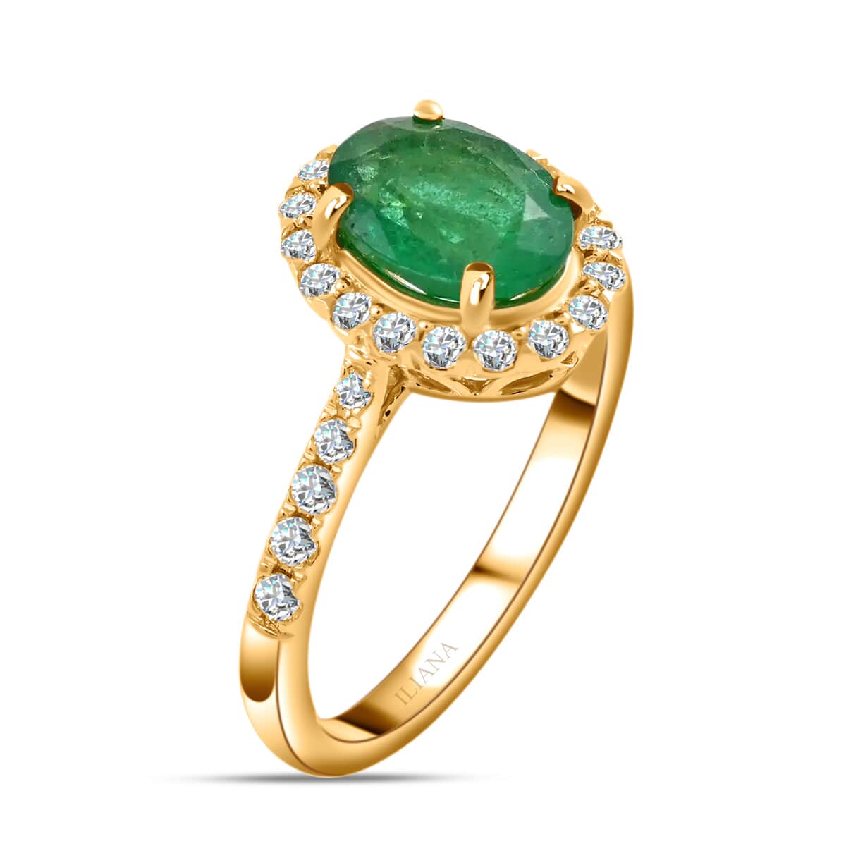 Iliana 18K Yellow Gold AAA Kagem Zambian Emerald and G-H SI Diamond Halo Ring (Size 10.0) 1.65 ctw image number 2