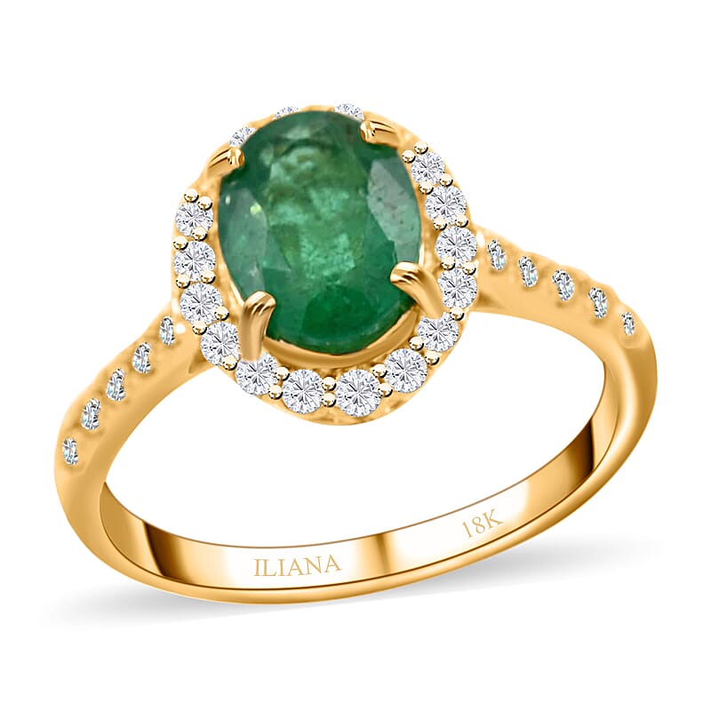 Iliana 18K Yellow Gold AAA Kagem Zambian Emerald and G-H SI Diamond Halo Ring (Size 8.0) 1.65 ctw