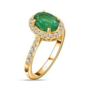 Iliana 18K Yellow Gold AAA Kagem Zambian Emerald and G-H SI Diamond Halo Ring (Size 9.0) 1.65 ctw