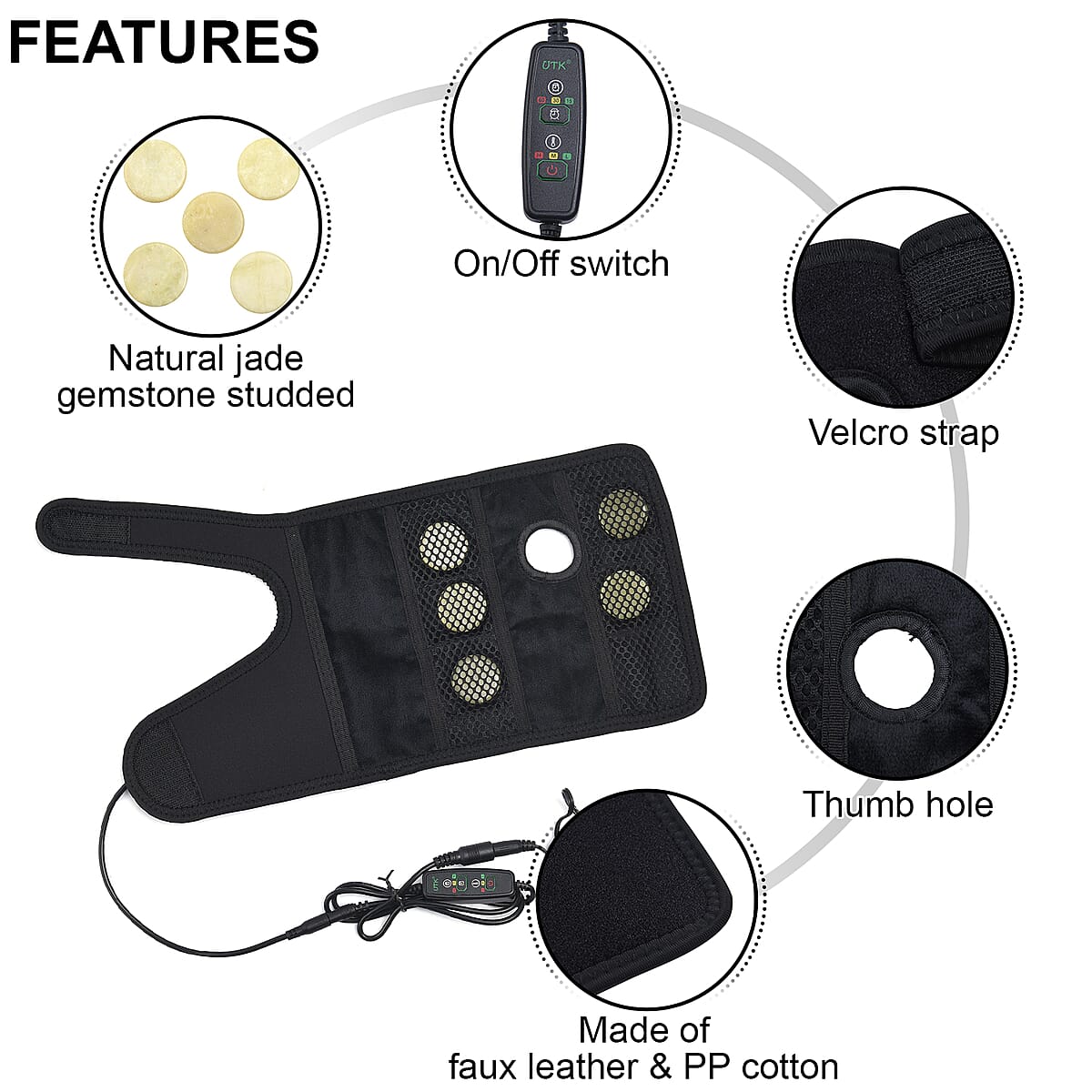 UTK DC Natural Jade Wrist Heating Pad Wraps for Carpal Tunnel (Right) with Faux Leather and PP Cotton image number 2