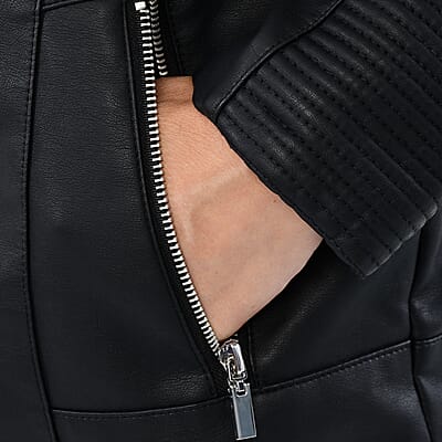 Tamsy Black Faux Leather Zip-Up Motorcycle Jacket - M