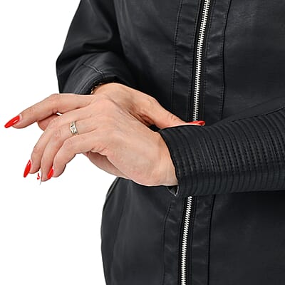 Tamsy Black Faux Leather Zip-Up Motorcycle Jacket - M