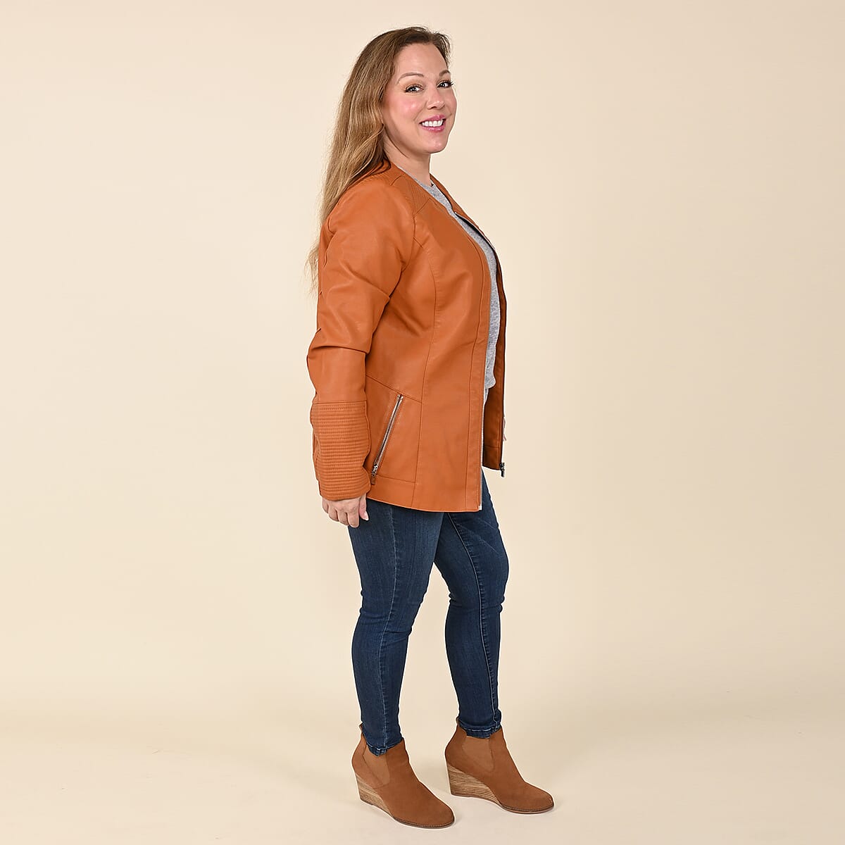 Tamsy Cognac Faux Leather Zip-Up Motorcycle Jacket - 2X image number 2