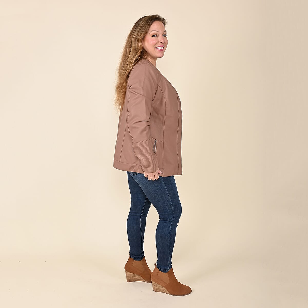 Tamsy Blush Faux Leather Zip-Up Motorcycle Jacket - S image number 2