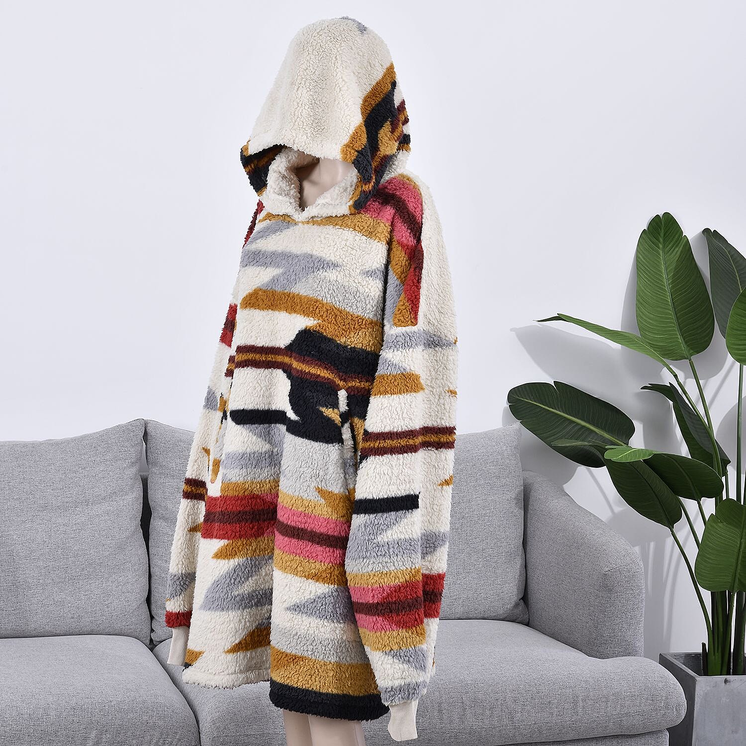 Homesmart Beige and Red Tribal Printed Pattern Single Layer Sherpa Hoodie