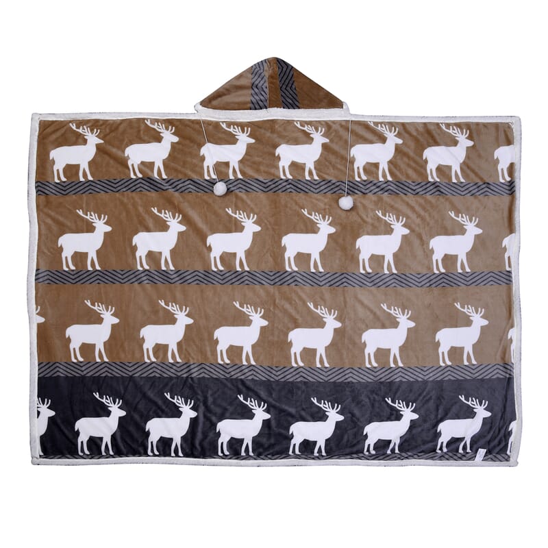 Homesmart Deer Print Pattern Polyester and Sherpa Hoodie Blanket with Pom Pom