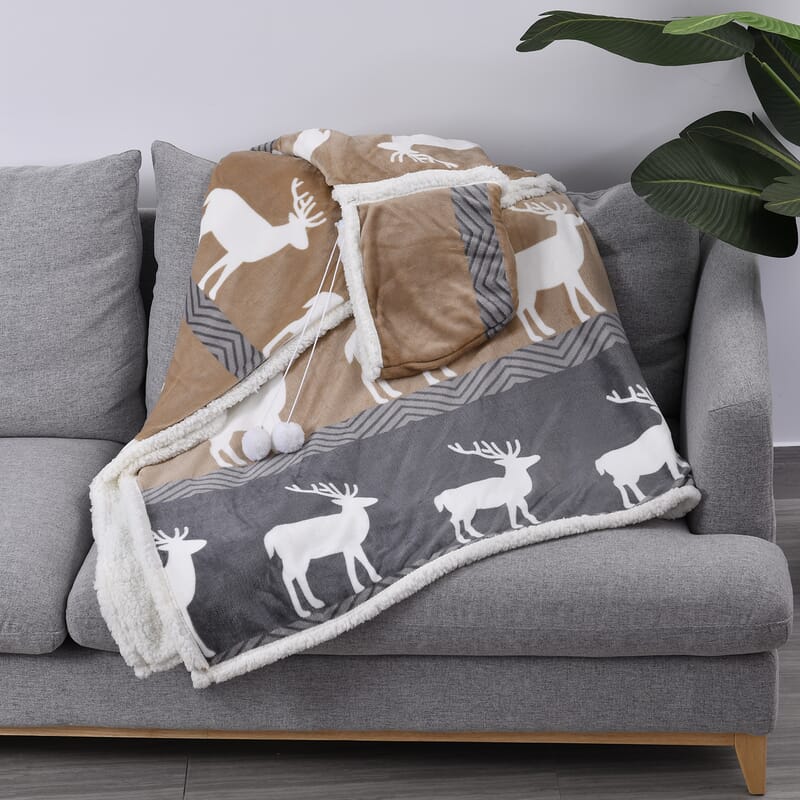 Homesmart Deer Print Pattern Polyester and Sherpa Hoodie Blanket with Pom Pom