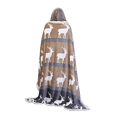 Homesmart Deer Print Pattern Polyester and Sherpa Hoodie Blanket with Pom Pom
