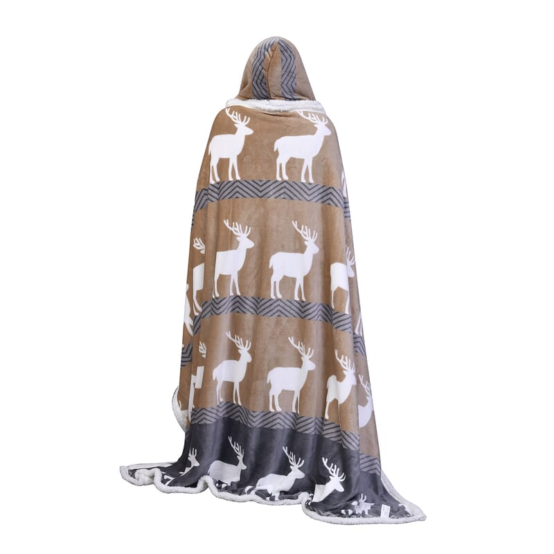 Homesmart Deer Print Pattern Polyester and Sherpa Hoodie Blanket with Pom Pom