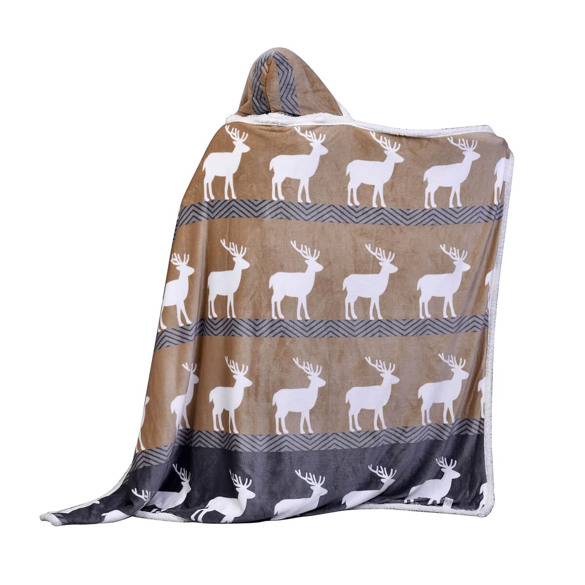 Homesmart Deer Print Pattern Polyester and Sherpa Hoodie Blanket with Pom Pom image number 3