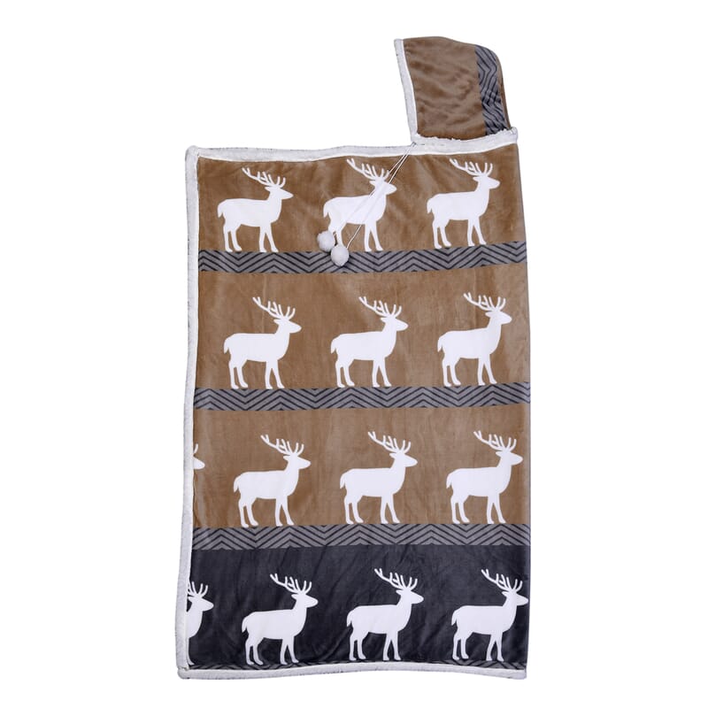 Homesmart Deer Print Pattern Polyester and Sherpa Hoodie Blanket with Pom Pom