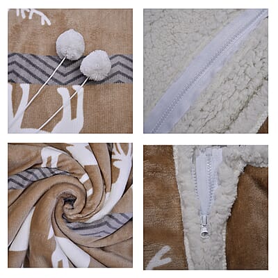 Homesmart Deer Print Pattern Polyester and Sherpa Hoodie Blanket with Pom Pom