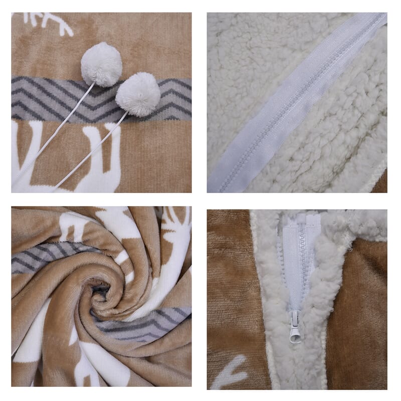 Homesmart Deer Print Pattern Polyester and Sherpa Hoodie Blanket with Pom Pom
