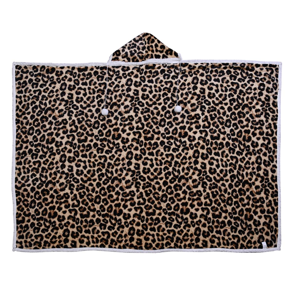 Homesmart Brown Leopard Pattern Polyester and Sherpa Hoodie Blanket with Pom Pom image number 0