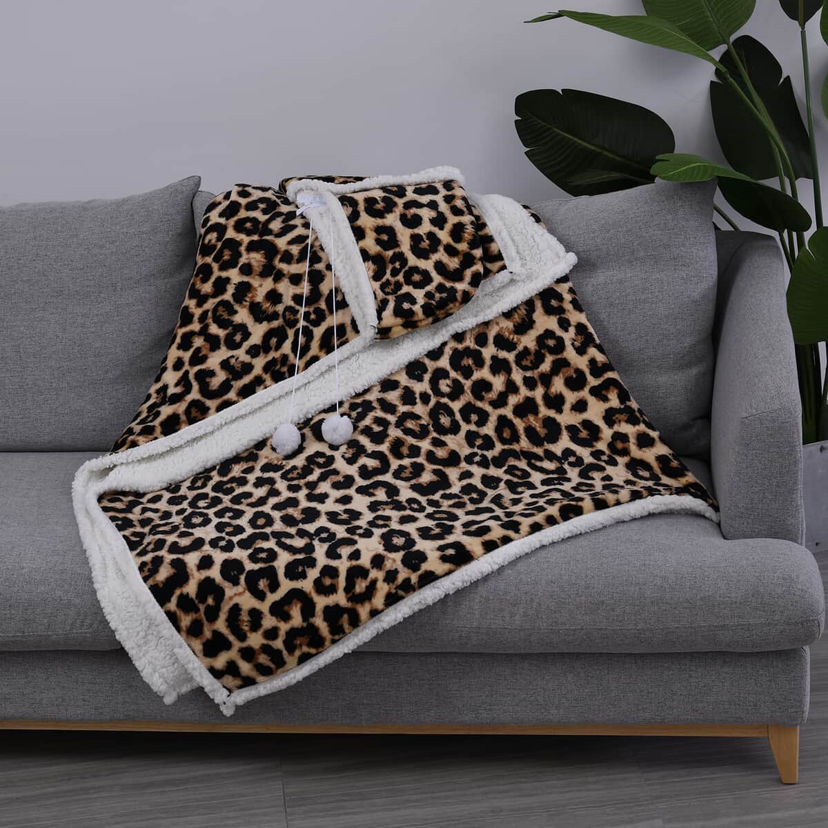 Homesmart Brown Leopard Pattern Polyester and Sherpa Hoodie Blanket with Pom Pom image number 1