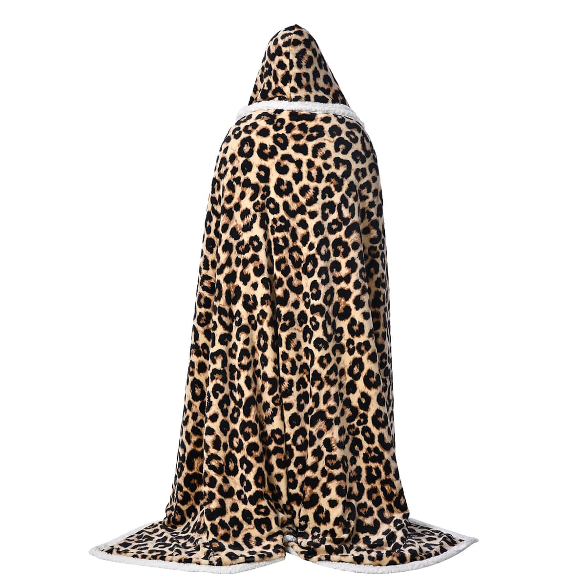 Homesmart Brown Leopard Pattern Polyester and Sherpa Hoodie Blanket with Pom Pom image number 2