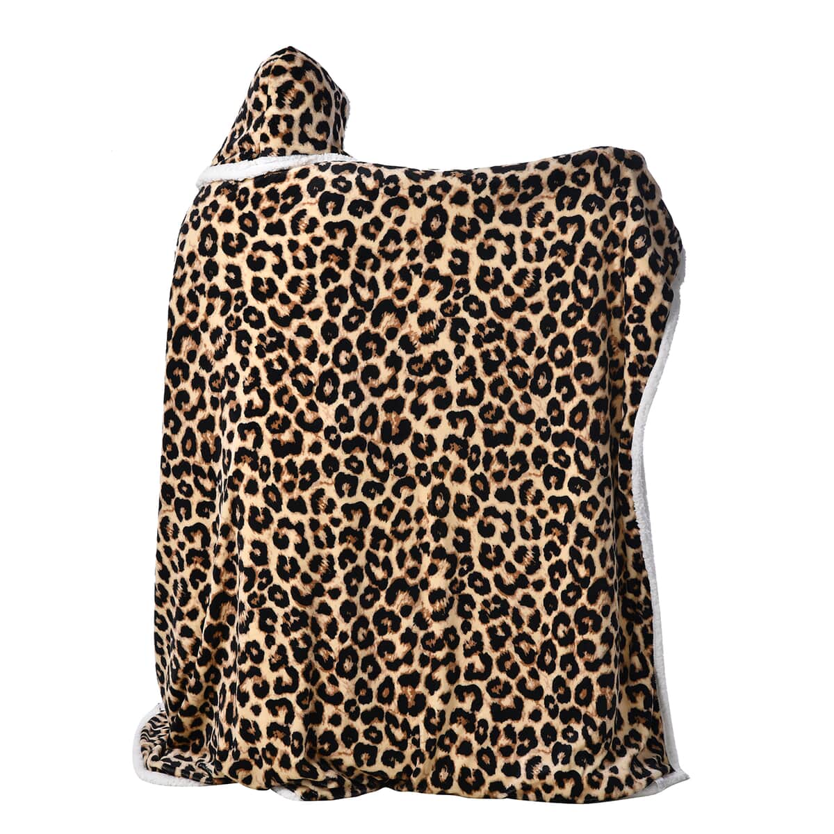 Homesmart Brown Leopard Pattern Polyester and Sherpa Hoodie Blanket with Pom Pom image number 3